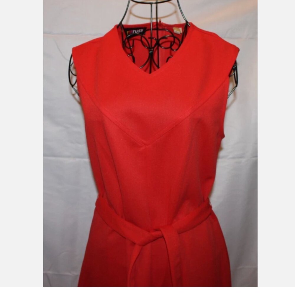 Russ Togs Red Orange Sleeveless Belted Dress M Back Zip Polyester Vintage '70's
